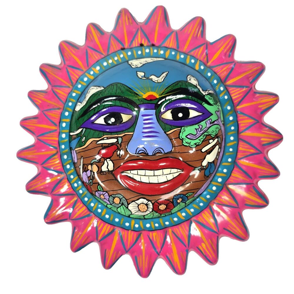 Hand Painted Mexican Folk Art Sun Wall Plaque Terracotta Pottery Colorful 8"